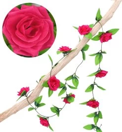 Bloemenslinger Rozen Fiets Donkerroze - Stijlvolle Bloemenstreng Voor Fietsmand Of Stuur - 220 CM Bloemen - Plastic Kunstbloemen Fiets Slinger