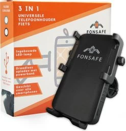 FONSAFE 3 In 1 Telefoonhouder Fiets Met Powerbank En LED Lamp - Universeel Schokbestendig - Fietslamp - Powerbank 5000 MAh – Zwart