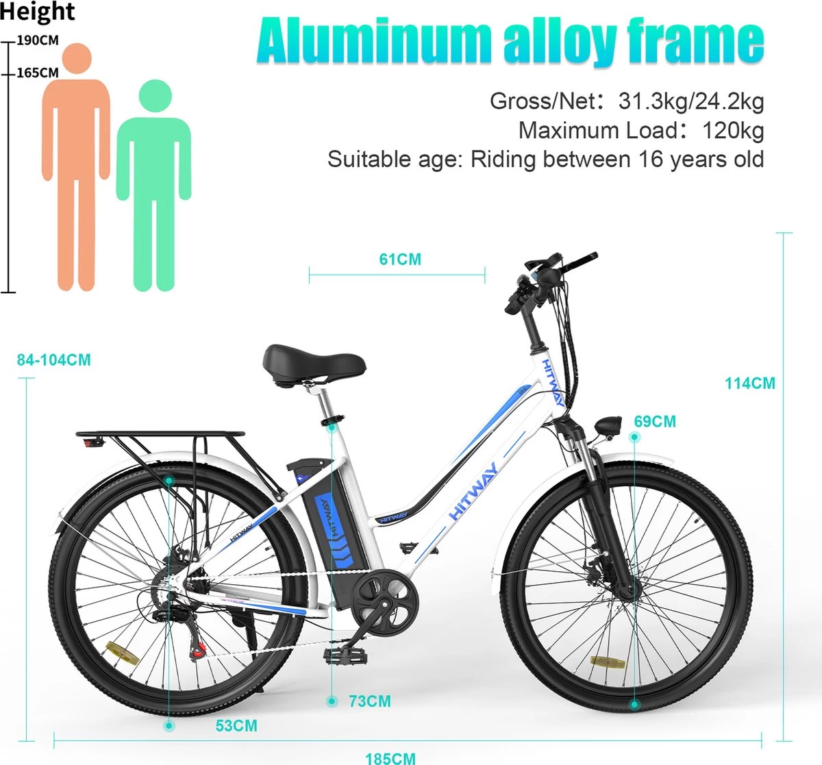 HITWAY Elektrische Fiets Voor Volwassenen | Ebikes Fietsen Stadsfiets | 250W 36V Motor | 7 VERSNELLINGSSYSTEE | 26 Inch - Wit 3 HITWAY Elektrische Fiets Voor Volwassenen | Ebikes Fietsen Stadsfiets | 250W 36V Motor | 7 VERSNELLINGSSYSTEE | 26 Inch - Wit - Afbeelding 3