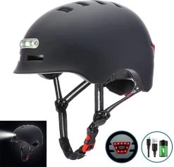 Fietshelm- Met Voor- En Achterlicht-Skatehelm -Maat-M-54 Tot 57 Cm-Helm Mat-Zwart - LED Verlichting