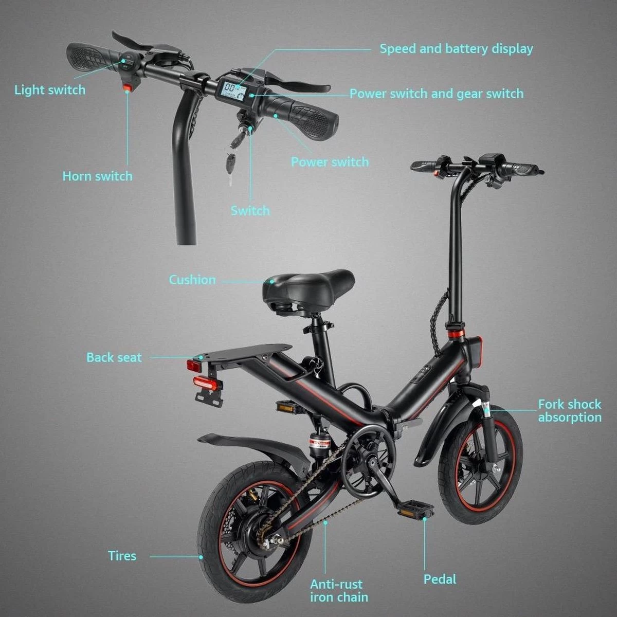 OUXI - V5 - 16 Inch - Elektrische Fiets - E Bike - Elektrische Vouwfiets - APP IOS/ Android - 500W Motor - 15Ah Lithuim Ion Batterij - Zwart 9 OUXI - V5 - 16 Inch - Elektrische Fiets - E Bike - Elektrische Vouwfiets - APP IOS/ Android - 500W Motor - 15Ah Lithuim Ion Batterij - Zwart - Afbeelding 9